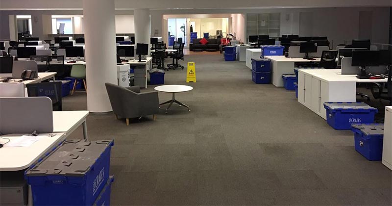 office and blue crates