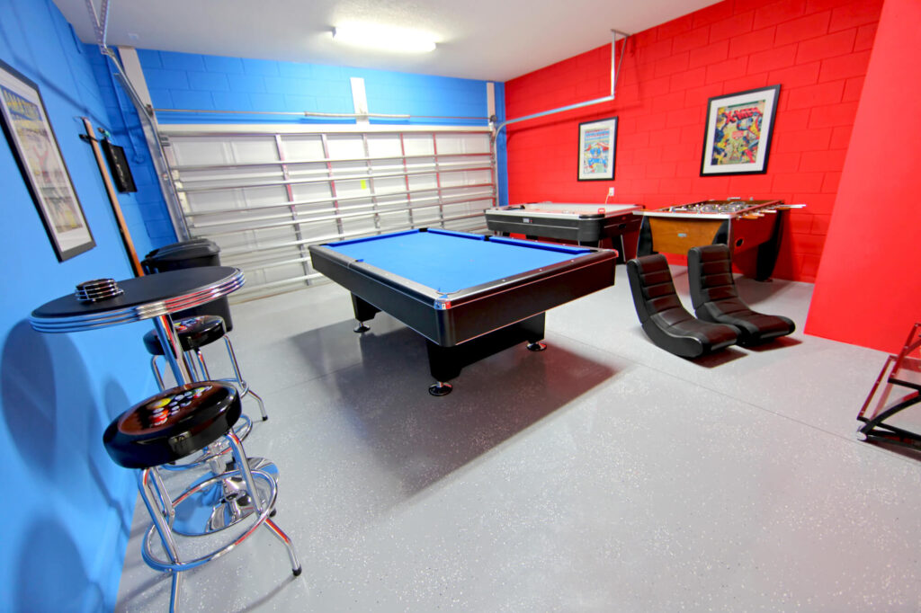 Pool table in a carpeted room